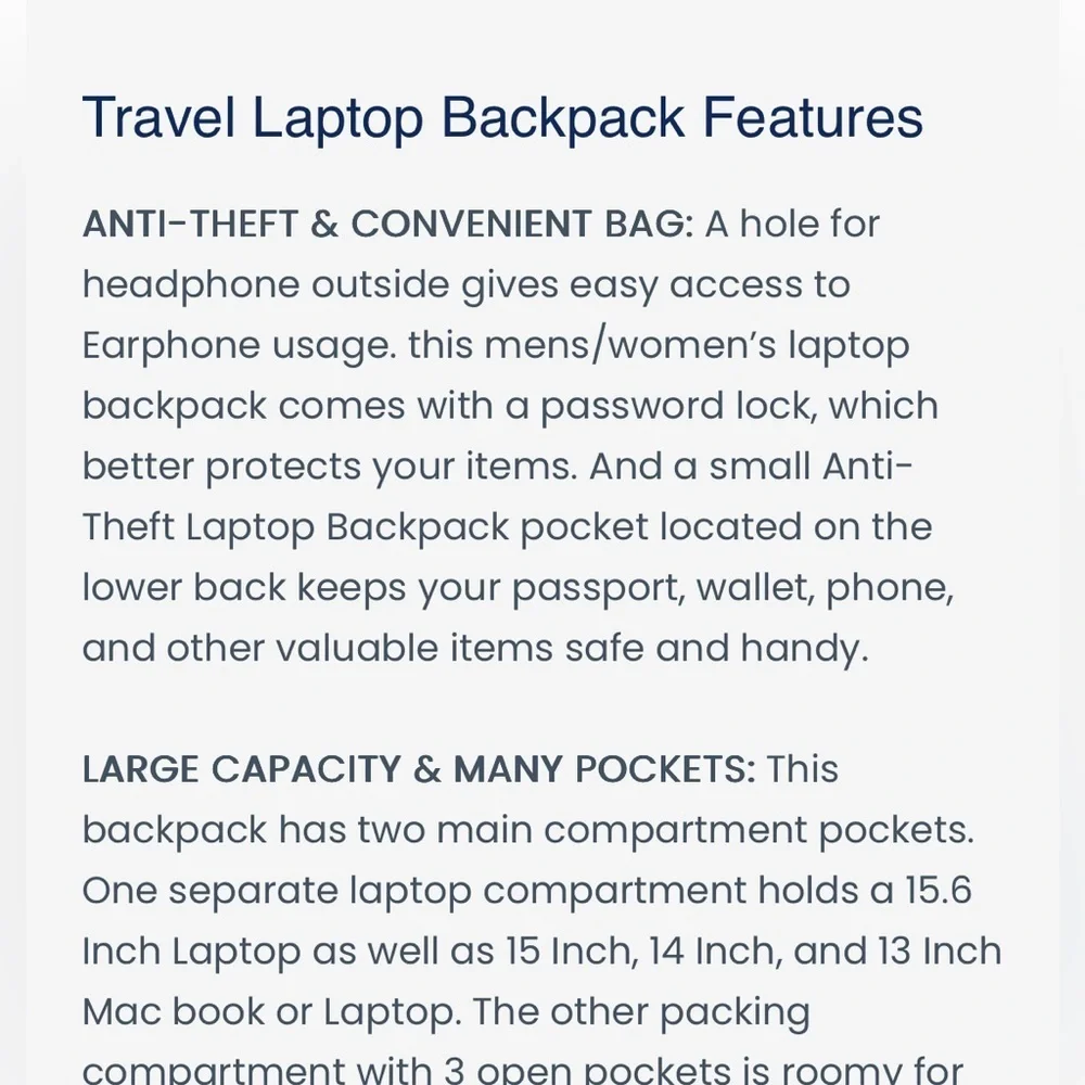 Sowaovut 15.6in Anti-Theft Travel Laptop Backpack & Password Lock